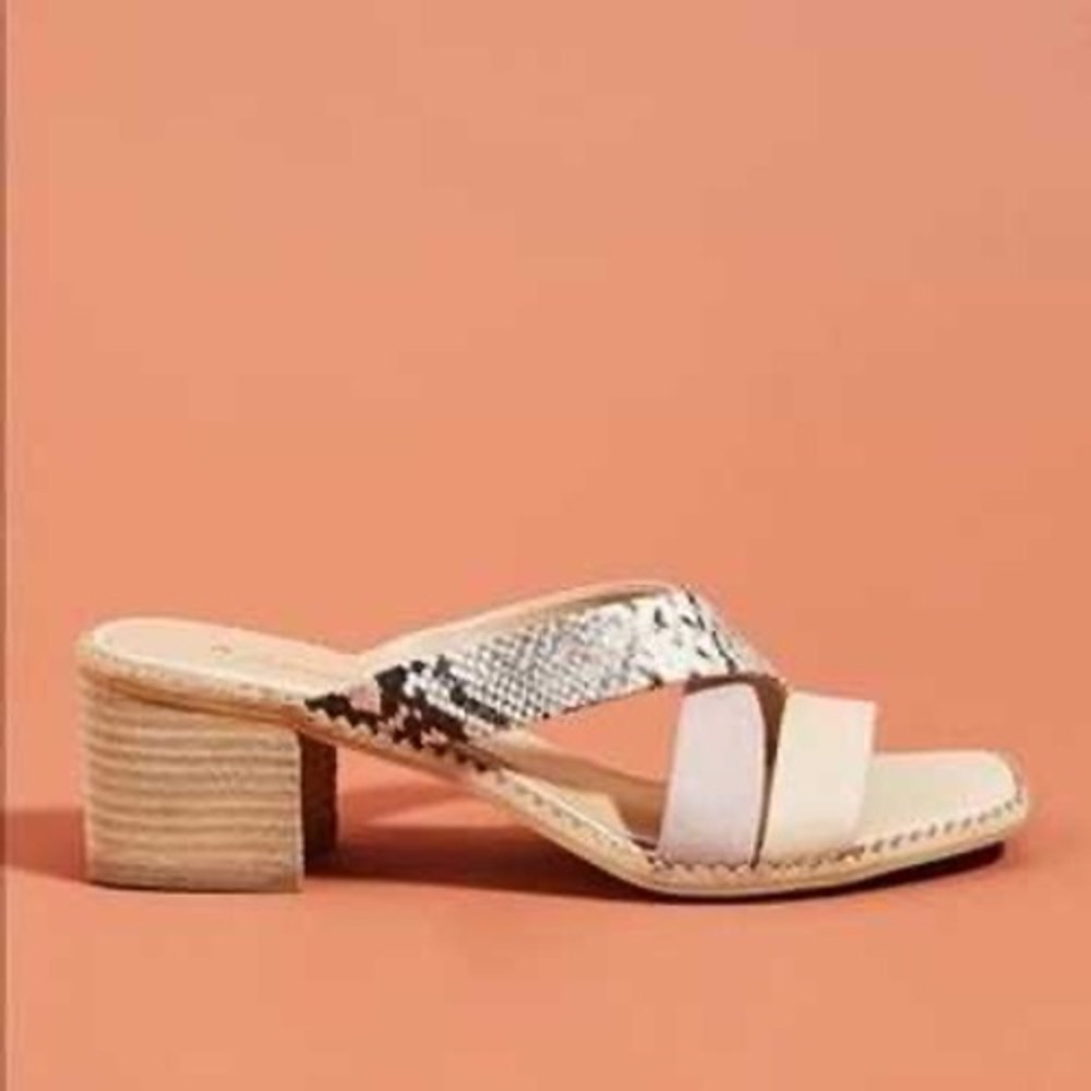 Anthropologie Snakeskin Multi Strap Block Heel Sandals Neutral Square Toe 39